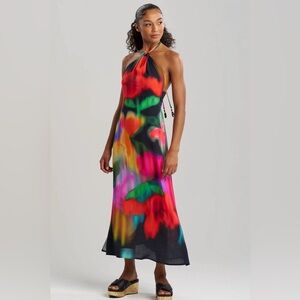 NEW Natori Floral Mirage Halter Maxi Dress 🌈 Black Multi NWT Size Small